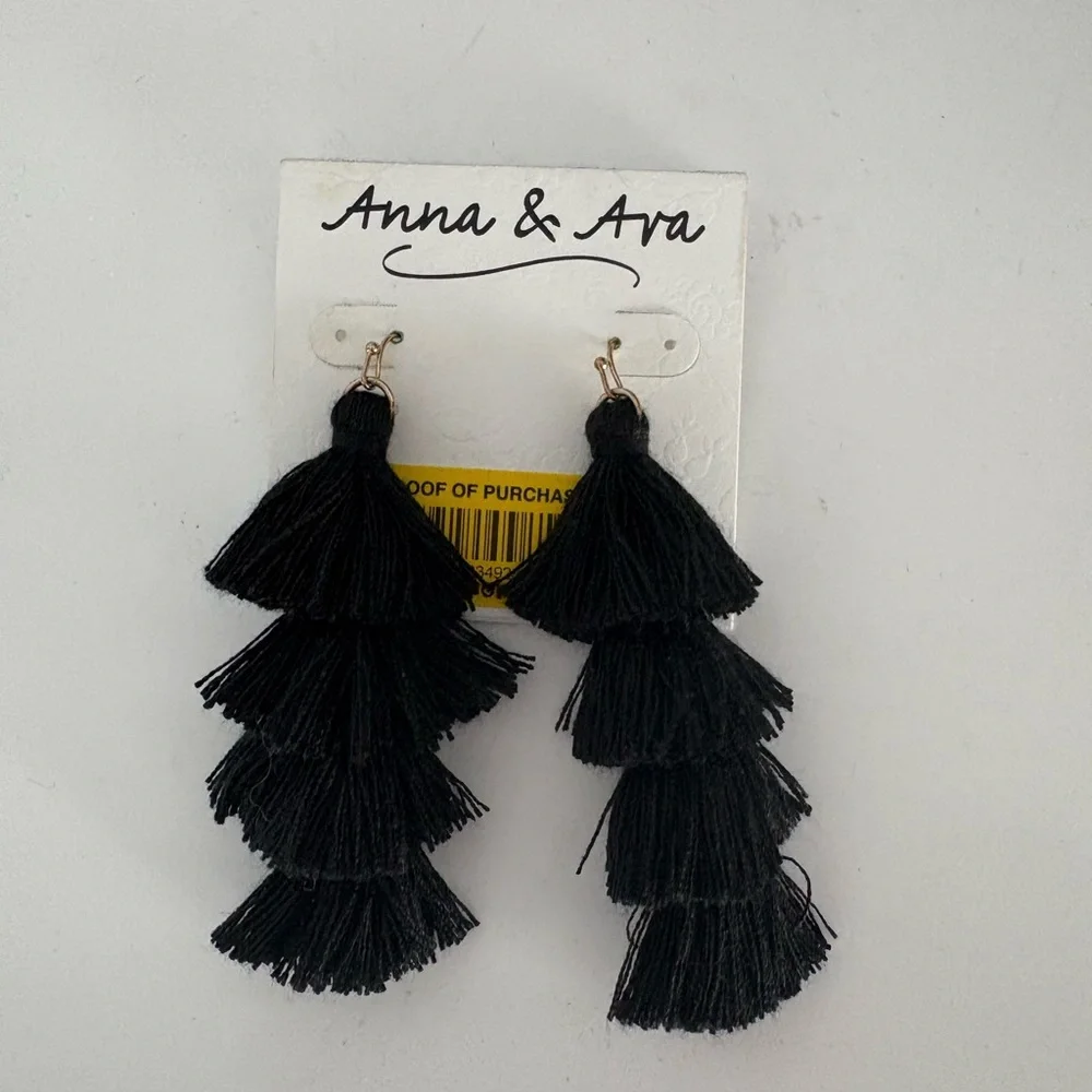 Anna & Ava Black Tiered Tassel Earrings NWT